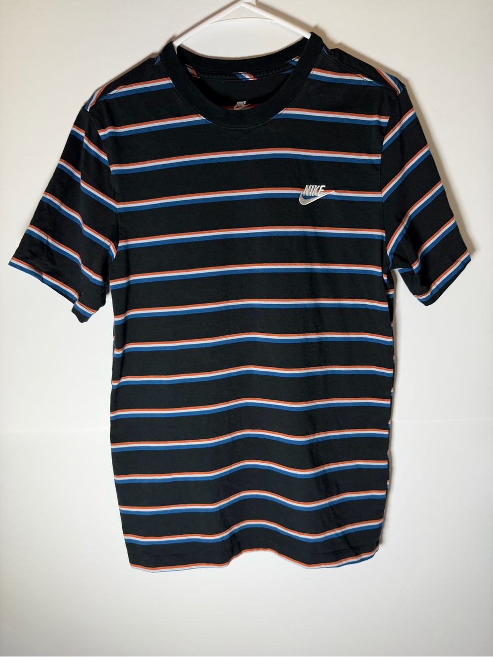 Nike Black Short-Sleeve Striped Logo Tee with Blue and Orange Accents
